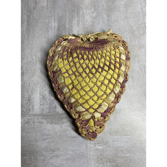 Vintage Handmade Heart Shape Crocheted Pillow Yellow Gold Ribbon Trim Wall Decor - Picture 1 of 9